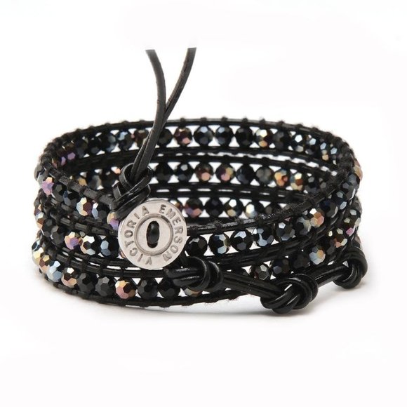 NEW! Mixed Crystals on Black Leather Wrap Bracelet - Picture 2 of 7